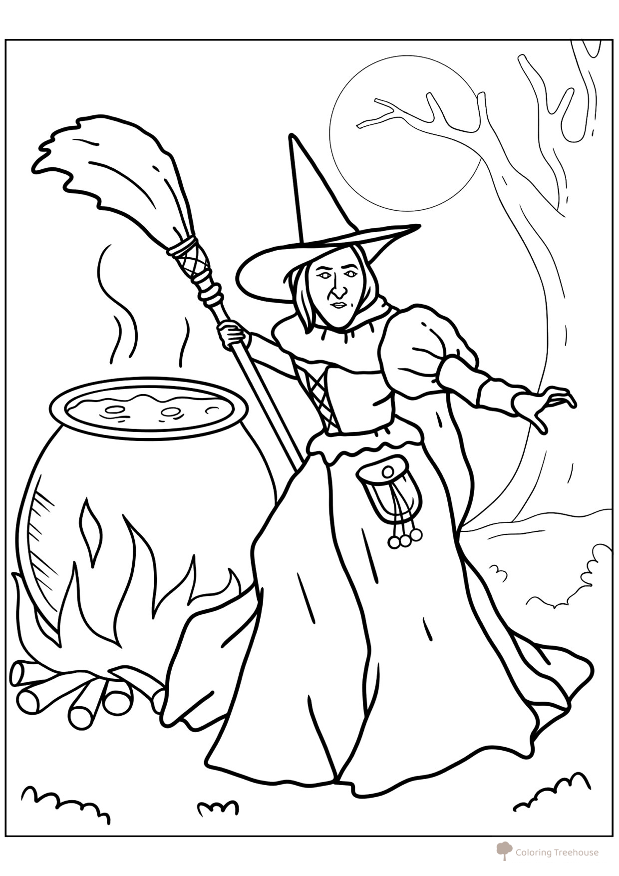 Página para colorear: La bruja prepara una pócima en Halloween dibujo para colorear gratis de Páginas para colorear de Halloween: calabazas, personajes y máscaras