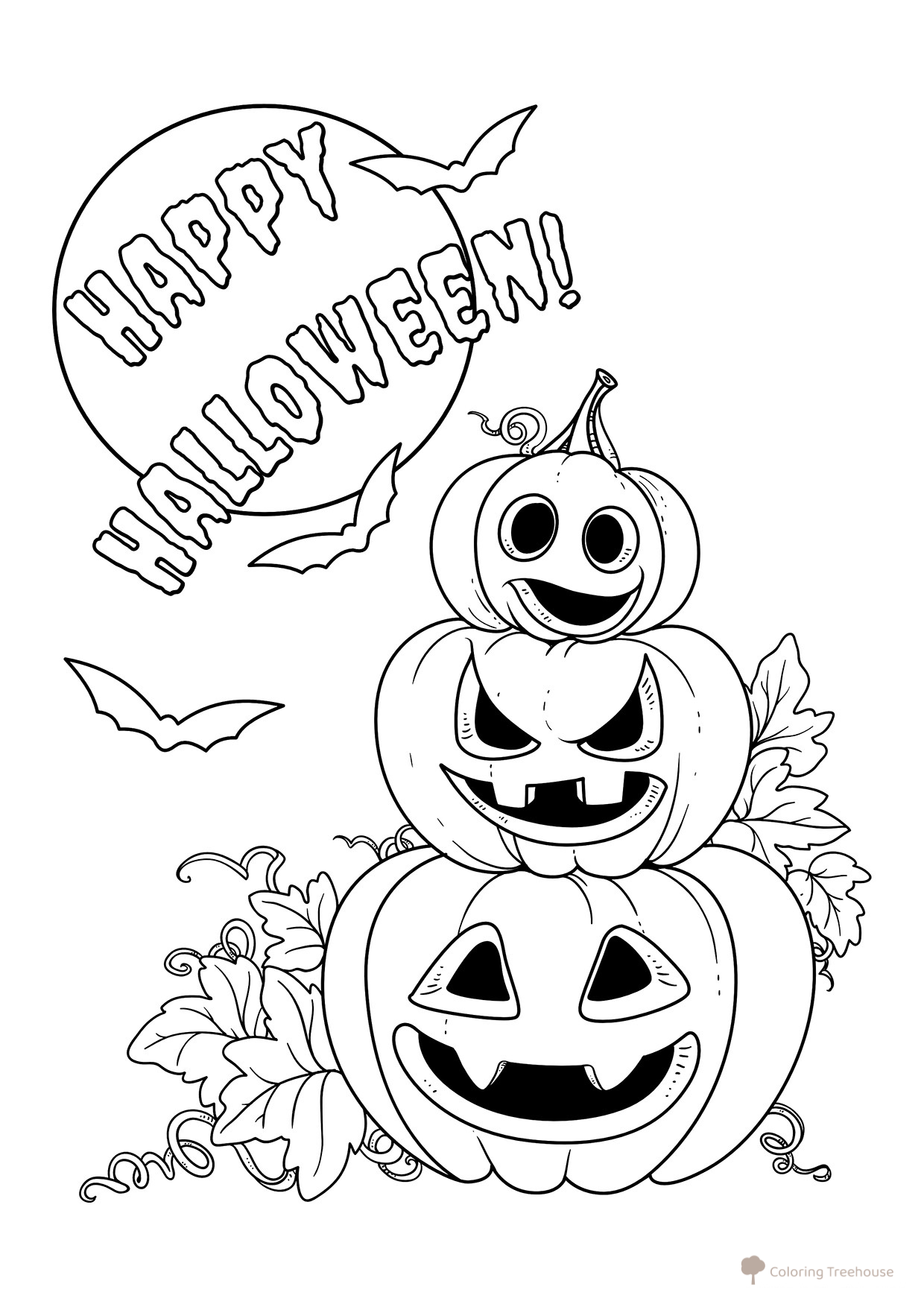 Cheerful Pumpkins Coloring Page free printable Halloween Coloring Pages: Pumpkins, Fairy Tale Characters, and Masks coloring page
