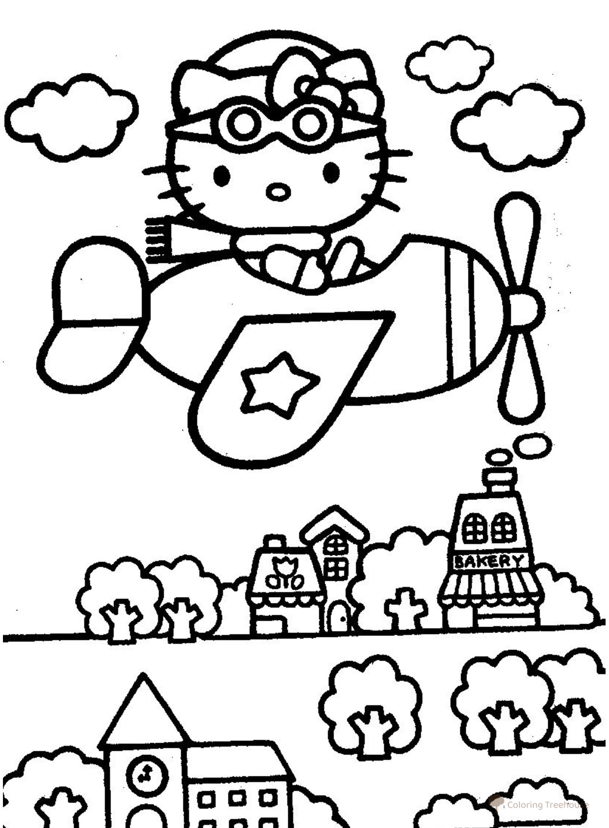 Hello Kitty Coloring Page — Flying Over the City free printable Hello Kitty Coloring Pages coloring page