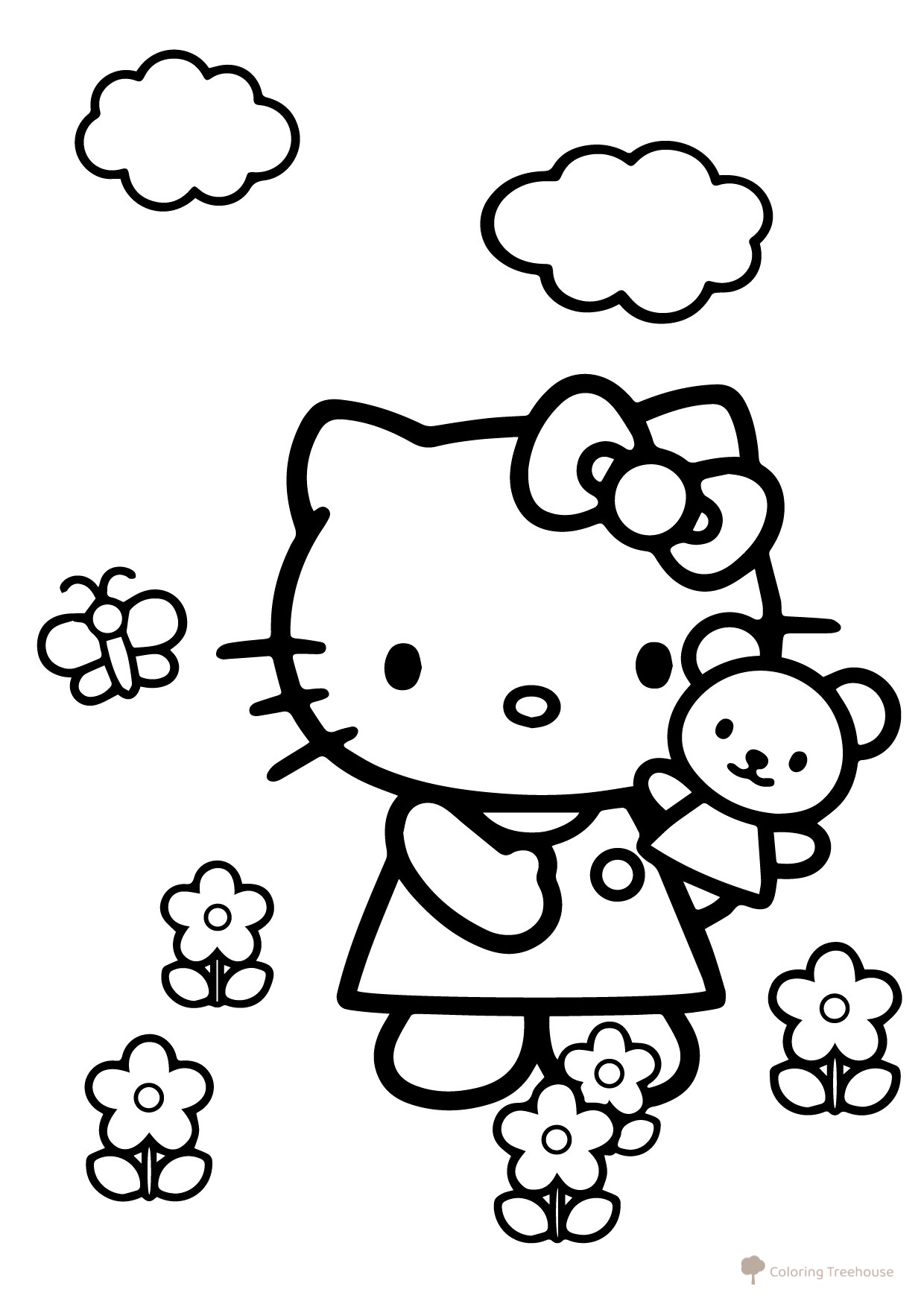 Página para colorear de Hello Kitty con un osito dibujo para colorear gratis de Hello Kitty Coloring Pages