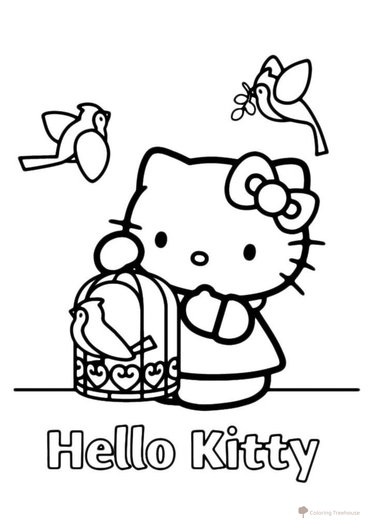 Hello Kitty with Birds Coloring Page free printable Hello Kitty Coloring Pages coloring page