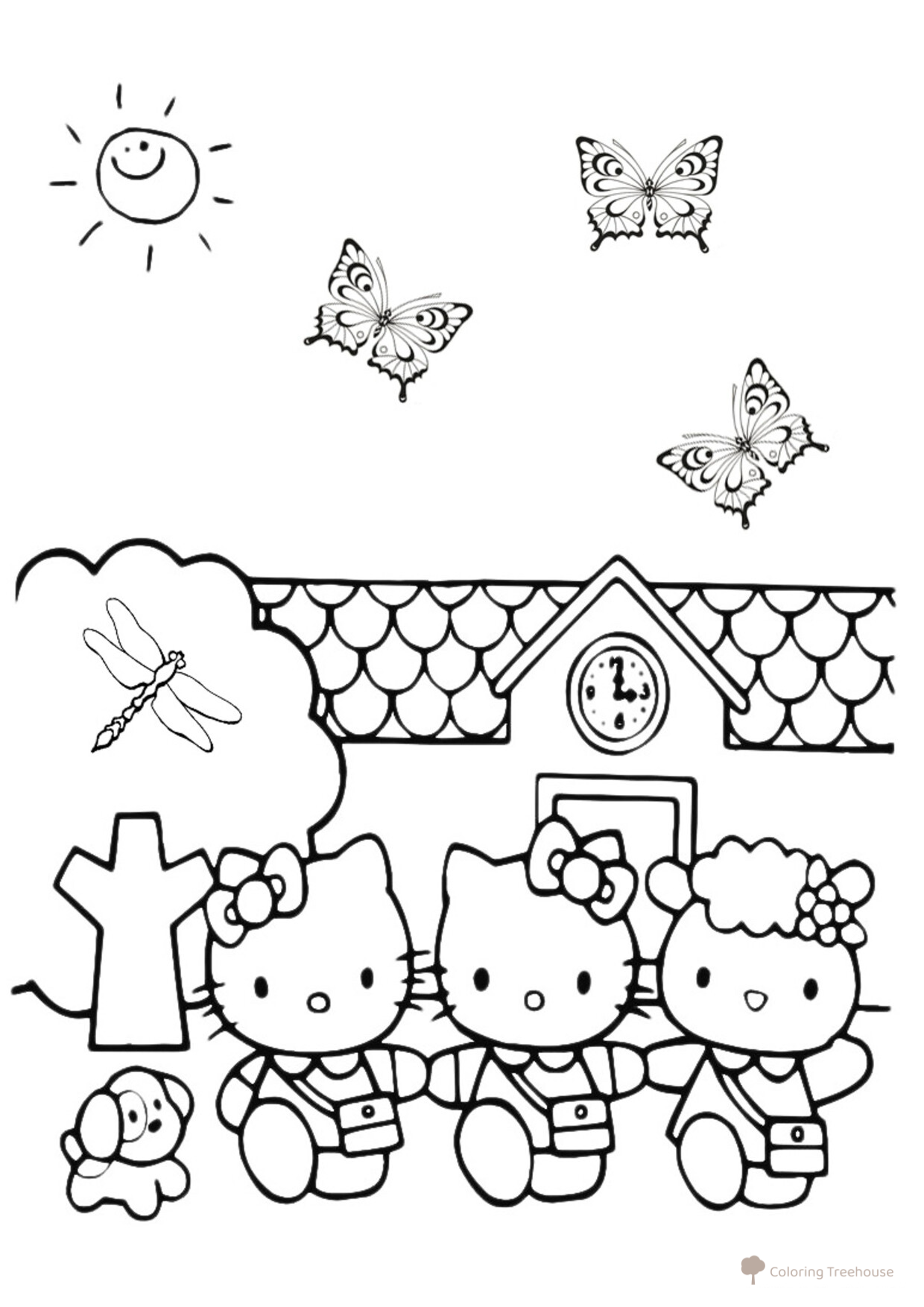 Hello Kitty Walking with Friends Coloring Page free printable Hello Kitty Coloring Pages coloring page