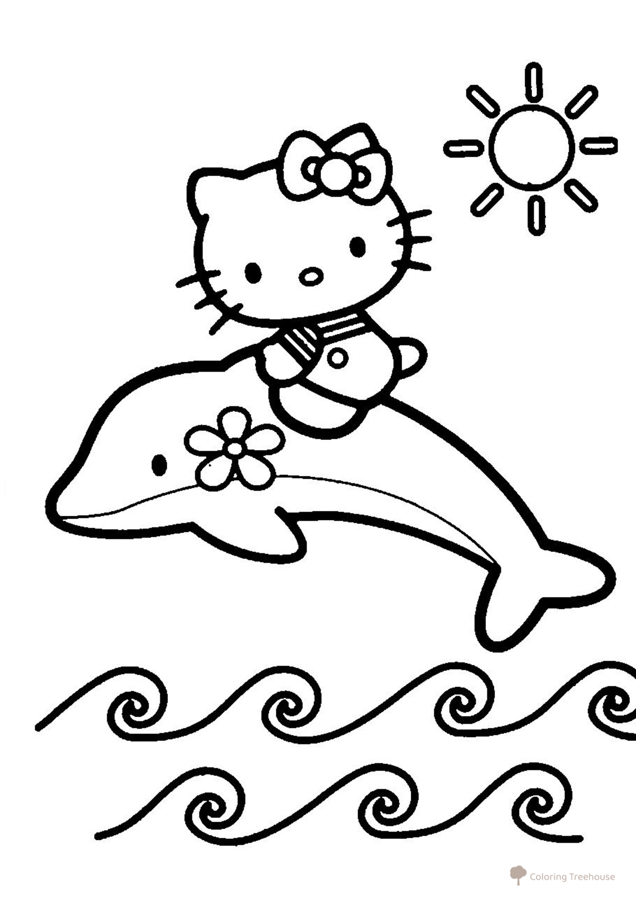 Página para colorear: Kitty hizo amistad con un delfín dibujo para colorear gratis de Hello Kitty Coloring Pages