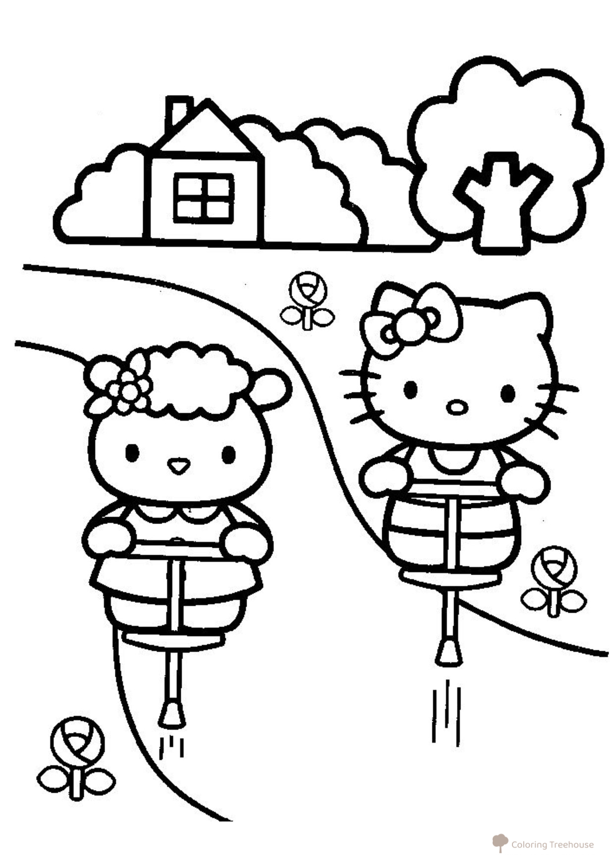 Página para colorear: Kitty se divierte en el campo dibujo para colorear gratis de Hello Kitty Coloring Pages