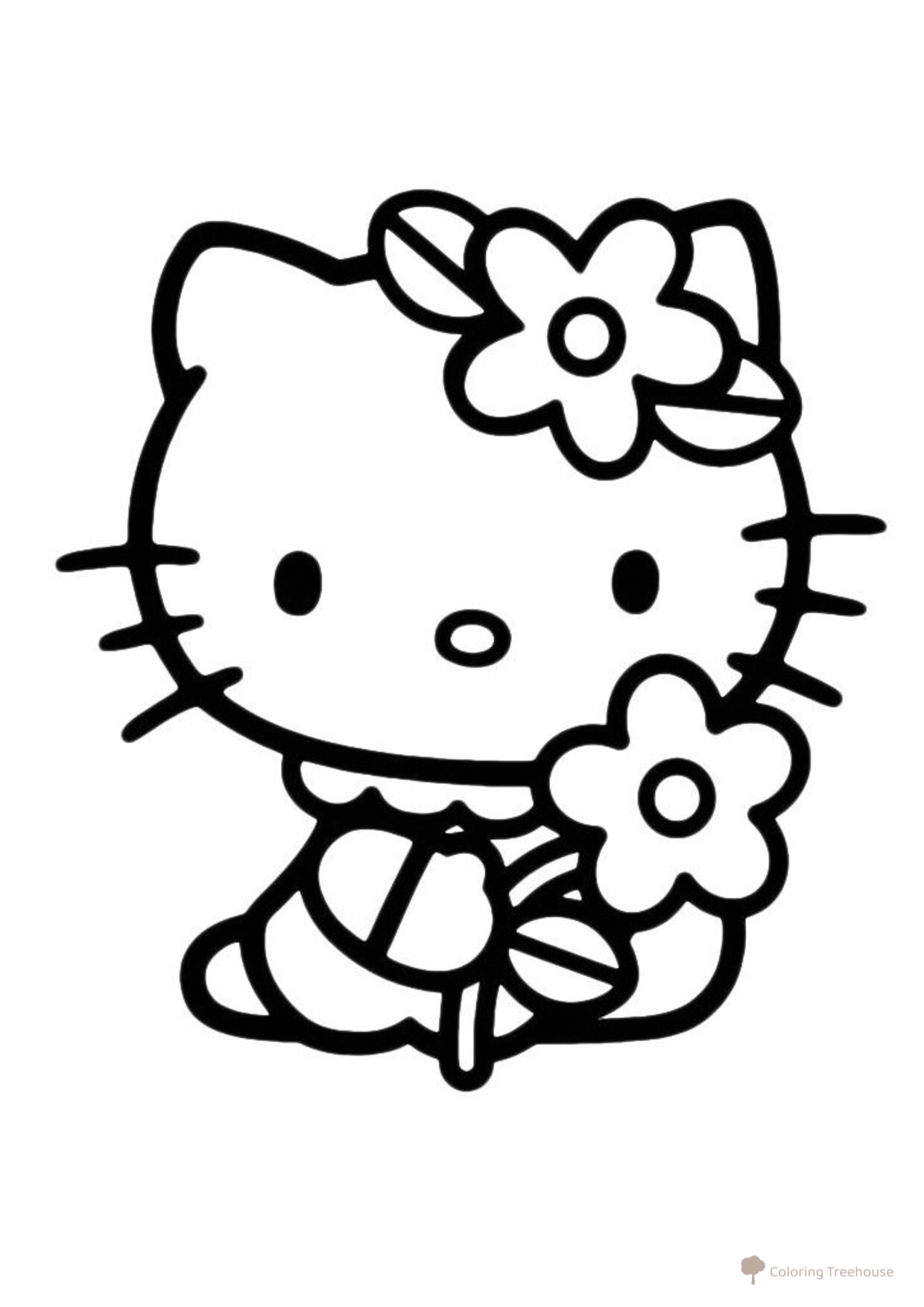 Kitty con una margarita - página para colorear dibujo para colorear gratis de Hello Kitty Coloring Pages