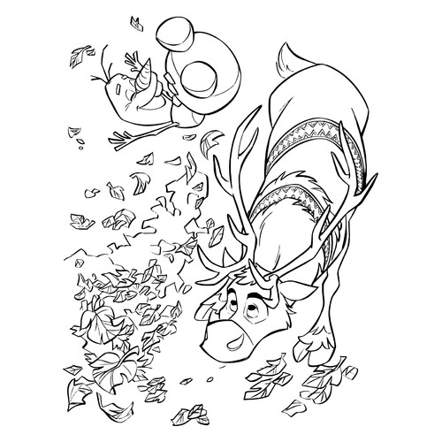 Página para colorear: Olaf, Sven y las hojas dibujo para colorear gratis de Páginas para colorear de Frozen 2