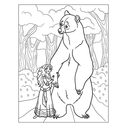Merida Holding a Mother Bear's Paw Coloring Page free printable Brave Coloring Pages coloring page