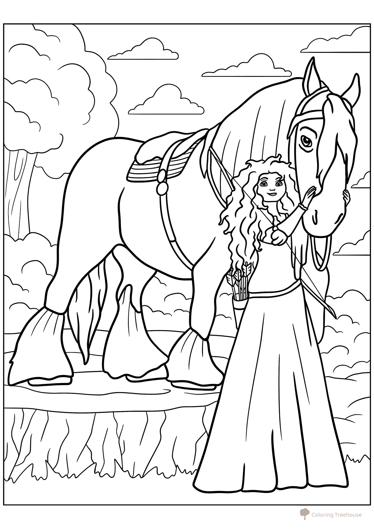 Merida with Her Horse Coloring Page free printable Brave Coloring Pages coloring page