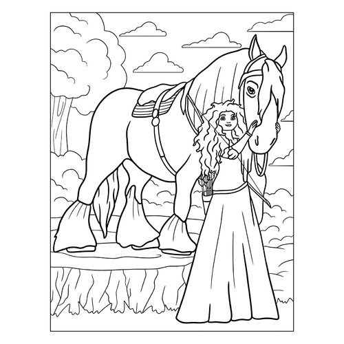 Merida with Her Horse Coloring Page free printable Brave Coloring Pages coloring page