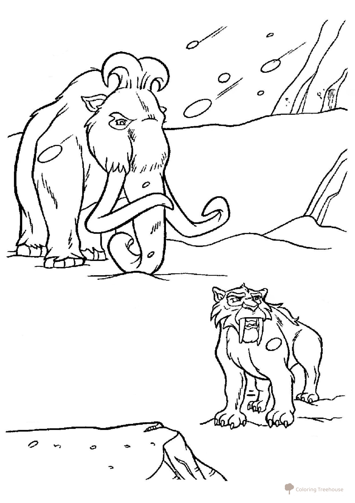 Dibujo para colorear: Diego y Manny dibujo para colorear gratis de Páginas para colorear de La Era de Hielo: el mamut Manny, el perezoso Sid, el tigre Diego, la ardilla Scrat y más