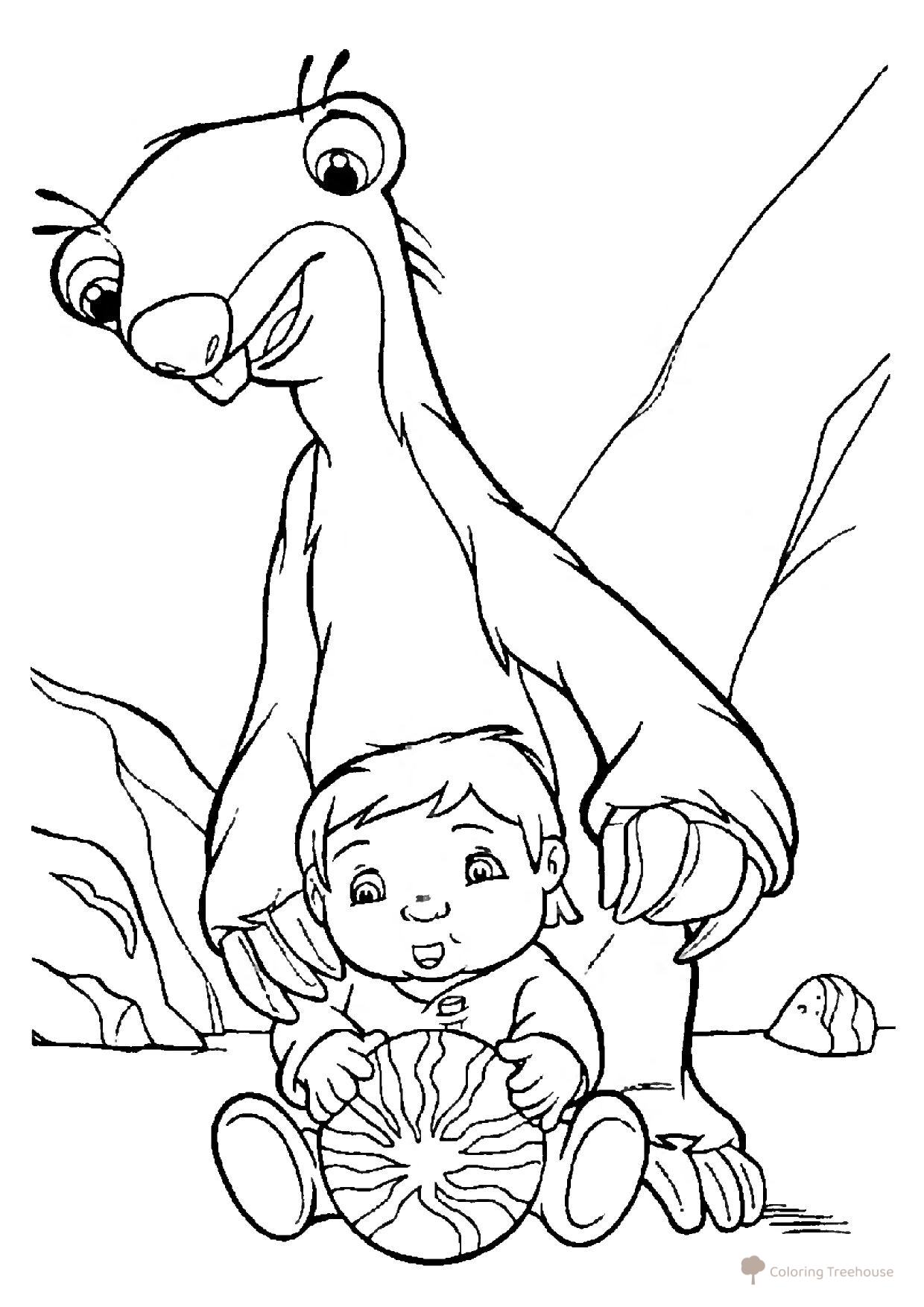 Página para colorear: el perezoso Sid jugando con un niño dibujo para colorear gratis de Páginas para colorear de La Era de Hielo: el mamut Manny, el perezoso Sid, el tigre Diego, la ardilla Scrat y más