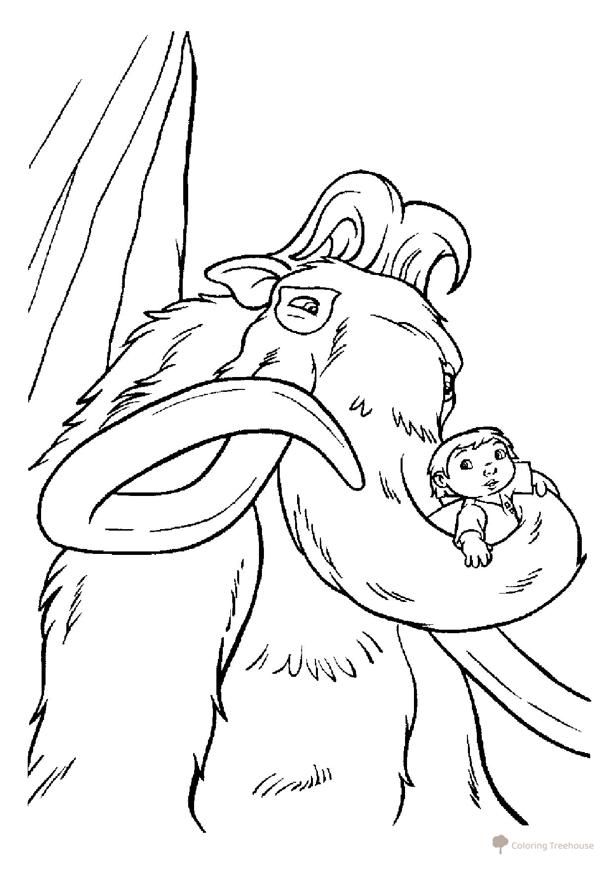 Página para colorear: el mamut Manny sostiene con fuerza a la cría dibujo para colorear gratis de Páginas para colorear de La Era de Hielo: el mamut Manny, el perezoso Sid, el tigre Diego, la ardilla Scrat y más