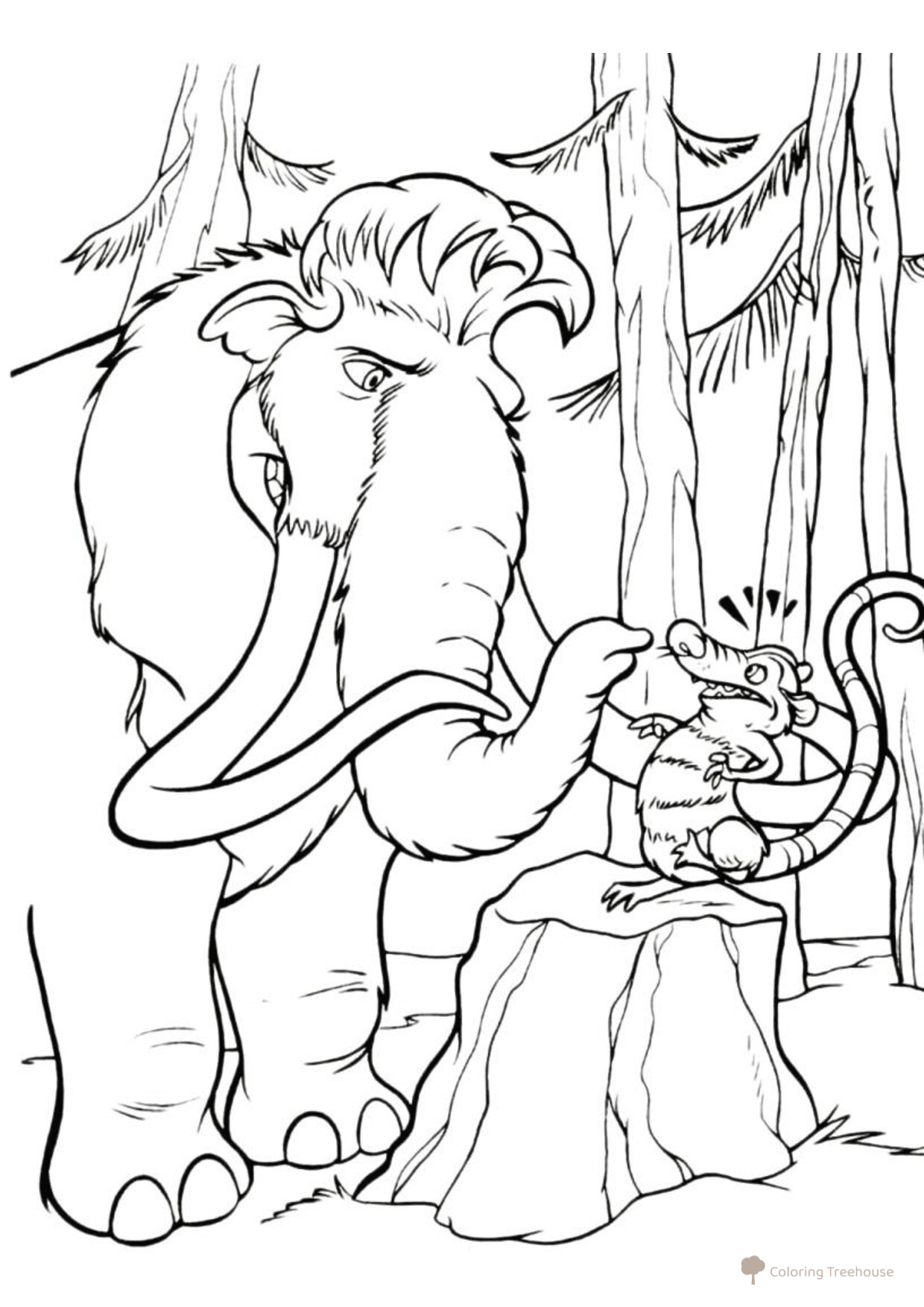 Página para colorear: el mamut Manny en el bosque dibujo para colorear gratis de Páginas para colorear de La Era de Hielo: el mamut Manny, el perezoso Sid, el tigre Diego, la ardilla Scrat y más