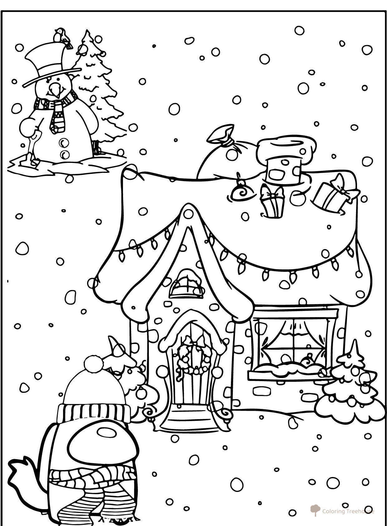 Página para colorear Among Us: tripulante, casita de jengibre y muñeco de nieve dibujo para colorear gratis de Páginas para colorear de Among Us