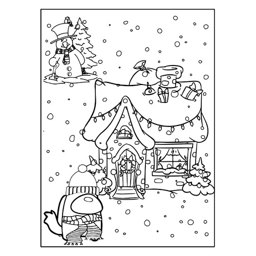 Página para colorear Among Us: tripulante, casita de jengibre y muñeco de nieve dibujo para colorear gratis de Páginas para colorear de Among Us