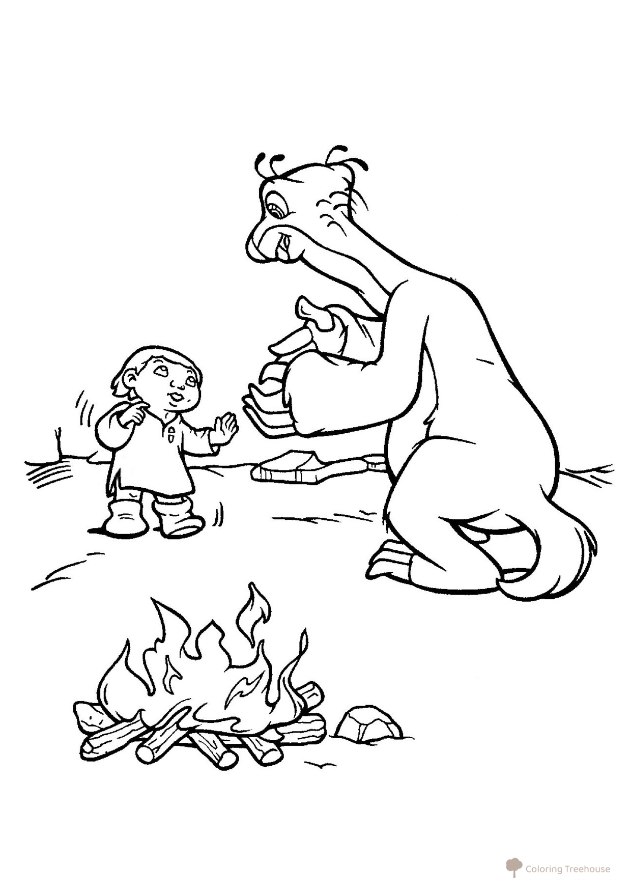 Página para colorear: Sid con un niño junto a la fogata dibujo para colorear gratis de Páginas para colorear de La Era de Hielo: el mamut Manny, el perezoso Sid, el tigre Diego, la ardilla Scrat y más
