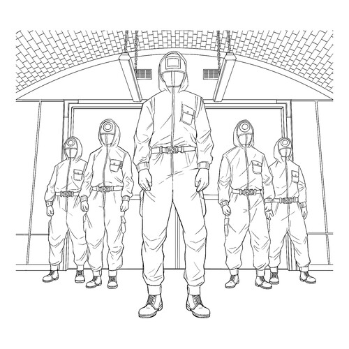 Página para colorear «Escuadrón de guardia del juego del calamar» dibujo para colorear gratis de Páginas para colorear de El juego