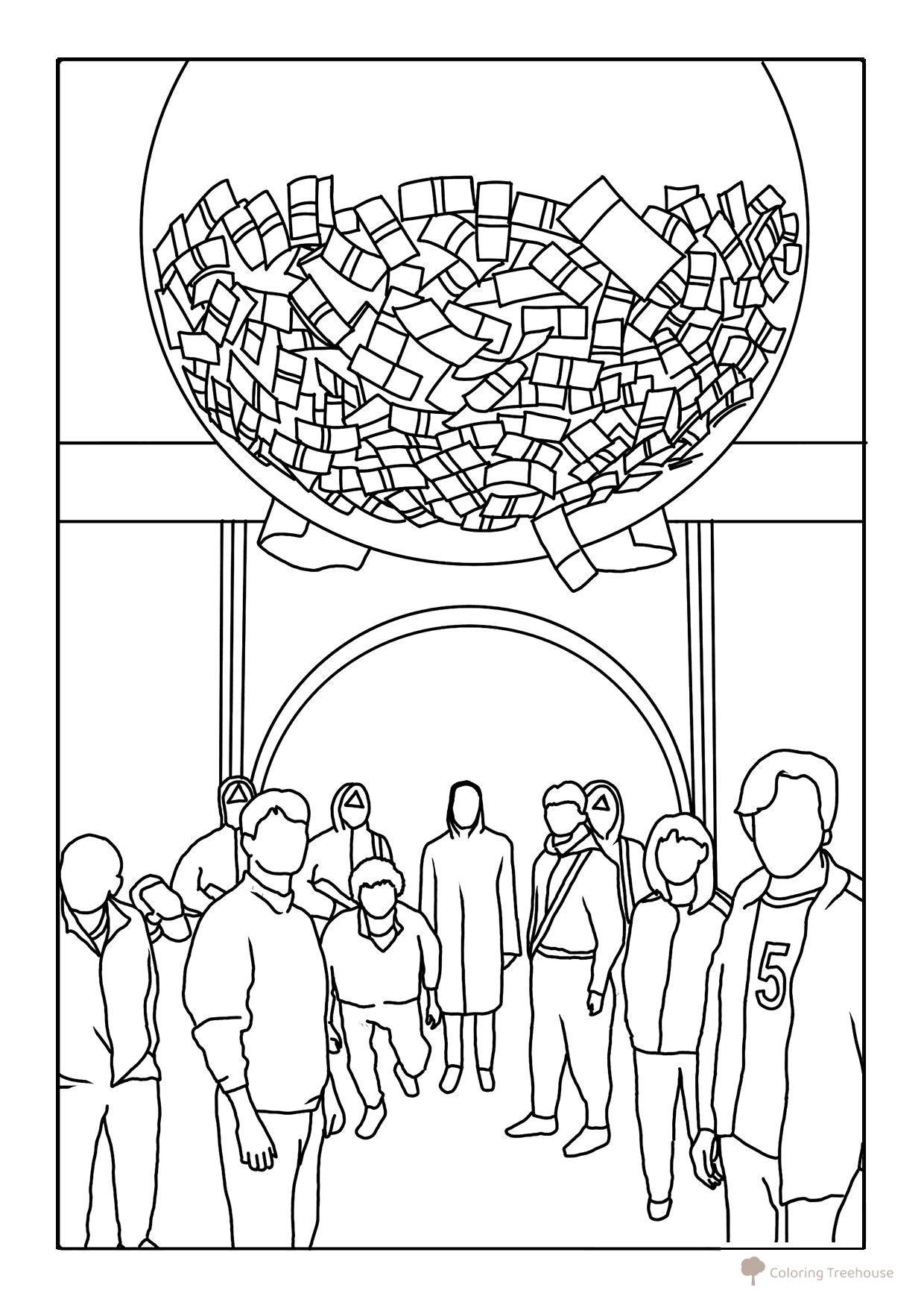 Página para colorear: Bola con dinero (de la serie 'El juego del calamar') dibujo para colorear gratis de Páginas para colorear de El juego