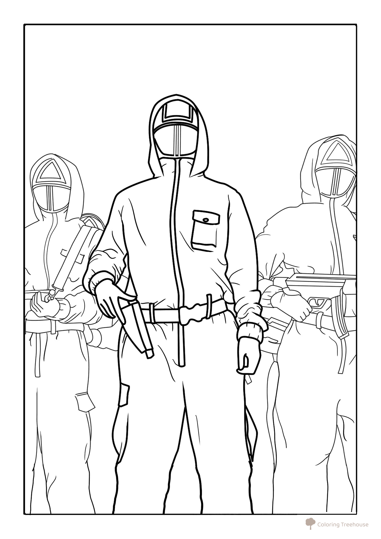 Página para colorear «Tres guardias del juego del calamar» dibujo para colorear gratis de Páginas para colorear de El juego