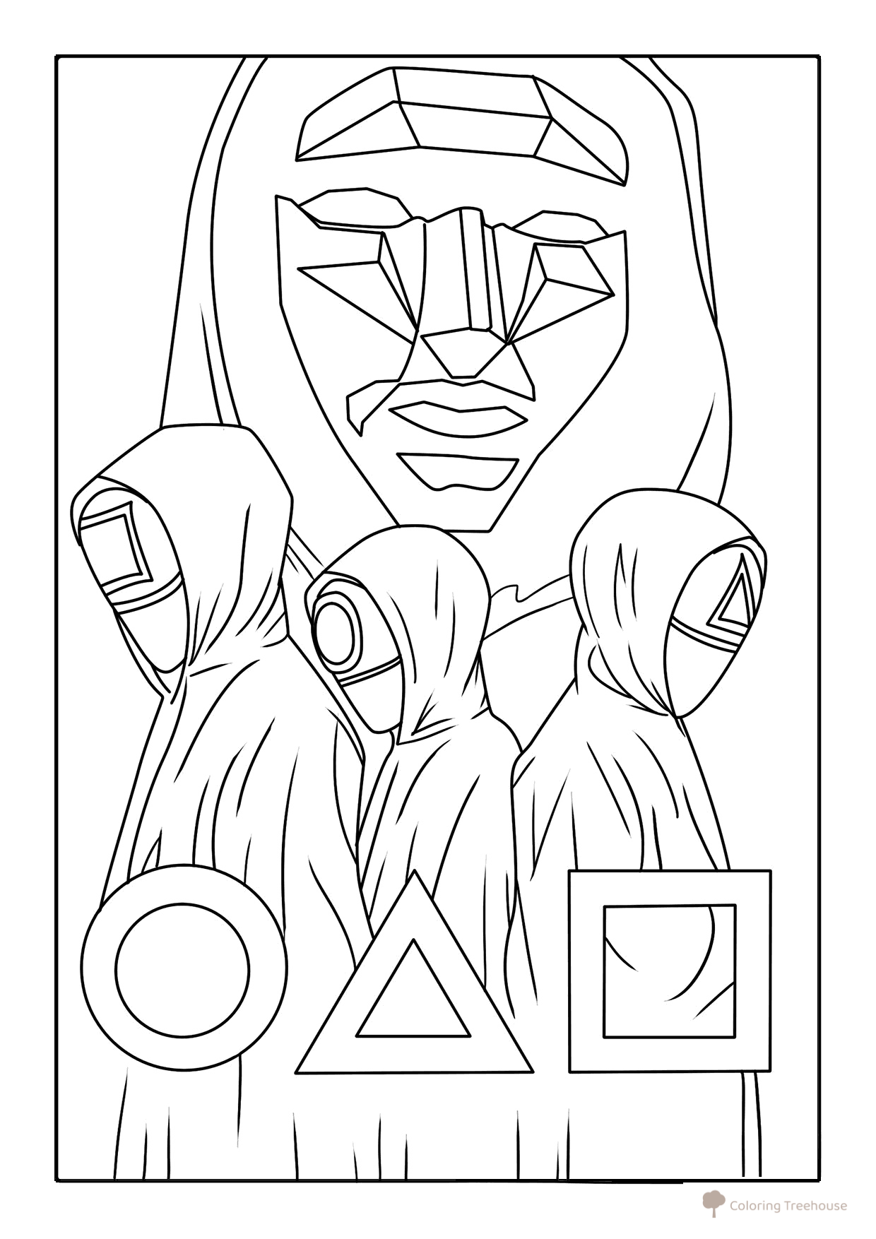 Squid Game Coloring Page — Host and Workers free printable Squid Game Coloring Pages coloring page