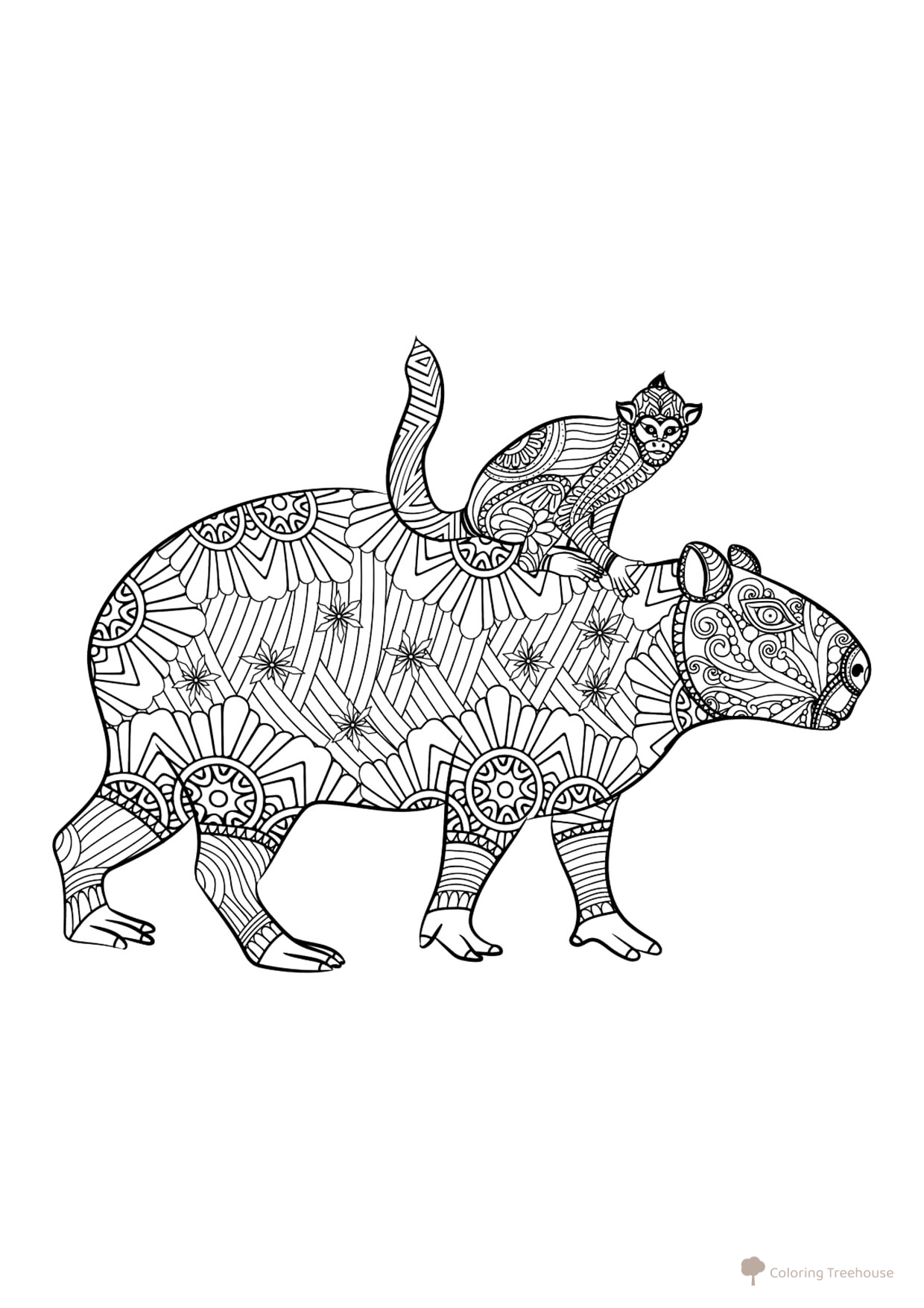 Anti-Stress Capybara with Monkey Coloring Page free printable Capybara Coloring Pages coloring page