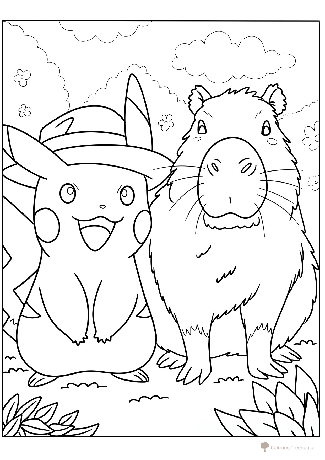 Página para colorear «Capibara y Pikachu» dibujo para colorear gratis de Hojas para colorear de capibara