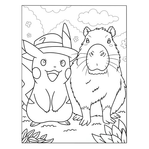 Página para colorear «Capibara y Pikachu» dibujo para colorear gratis de Hojas para colorear de capibara