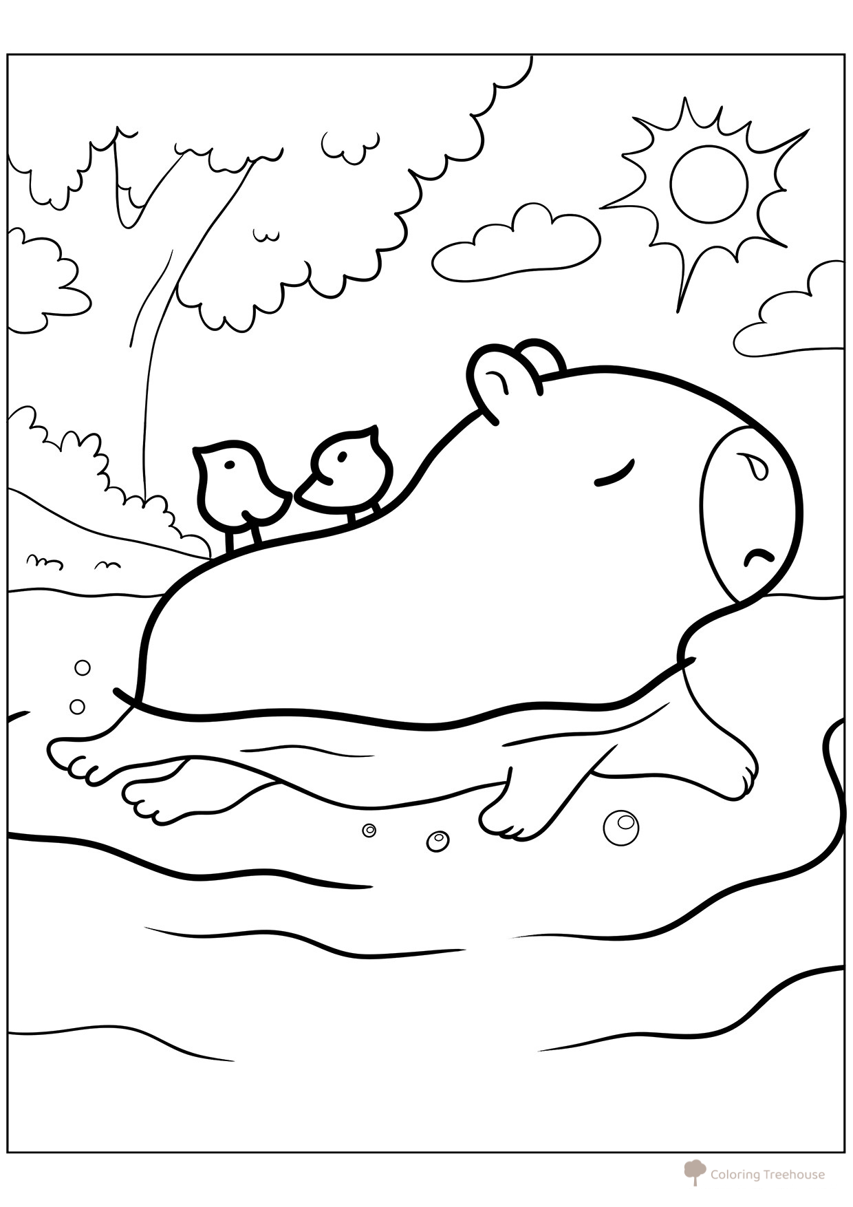 Capybara Swimming with Birds Coloring Page free printable Capybara Coloring Pages coloring page