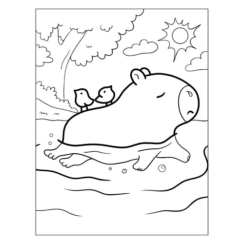 Capybara Swimming with Birds Coloring Page free printable Capybara Coloring Pages coloring page