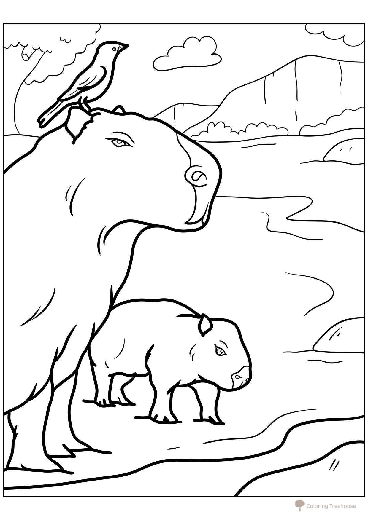 Página para colorear «Capibara con un pájaro en la cabeza» dibujo para colorear gratis de Hojas para colorear de capibara