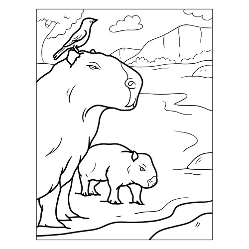 Página para colorear «Capibara con un pájaro en la cabeza» dibujo para colorear gratis de Hojas para colorear de capibara