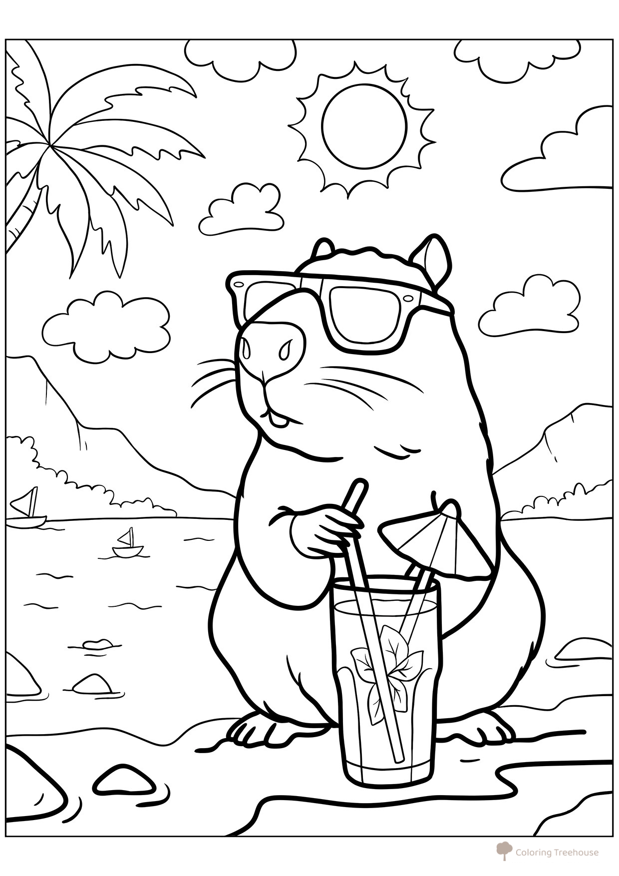 Página para colorear «Capibara con gafas en la playa» dibujo para colorear gratis de Hojas para colorear de capibara
