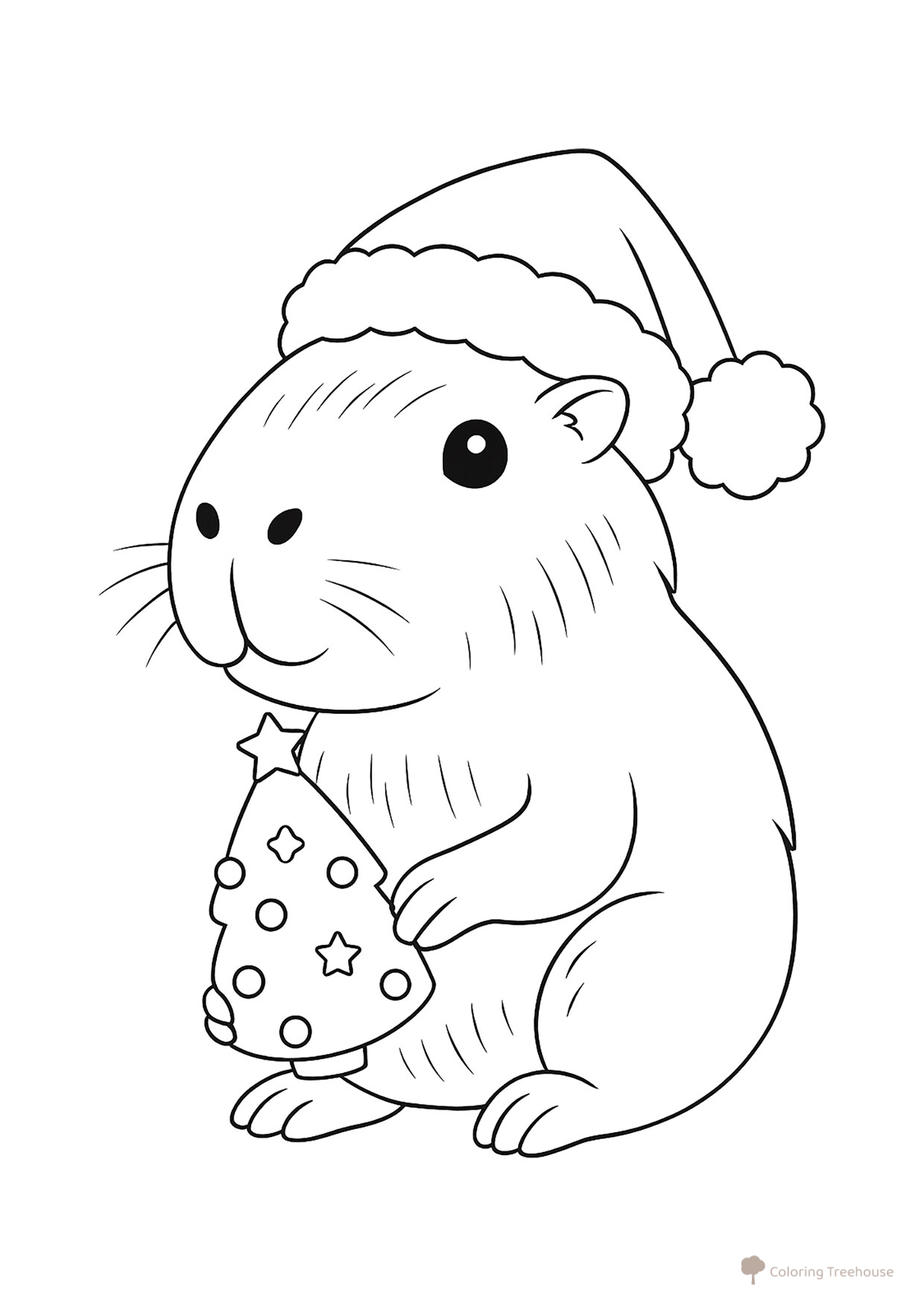 Colorear «Bebé capibara con un arbolito de Navidad» dibujo para colorear gratis de Hojas para colorear de capibara