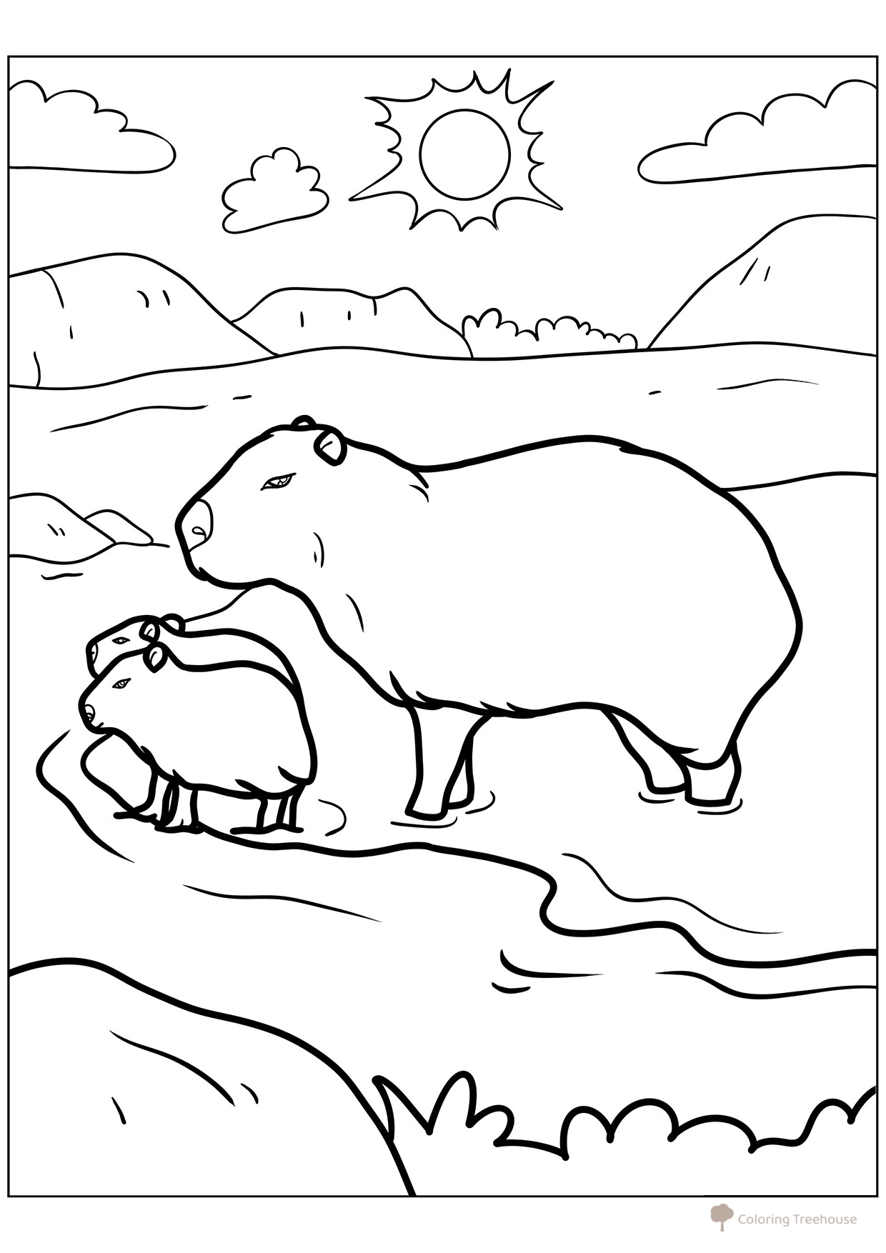 Capybara Mom with Kids Coloring Page free printable Capybara Coloring Pages coloring page