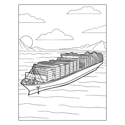 Large Cargo Ship with Containers Coloring Page free printable Ship Coloring Pages coloring page