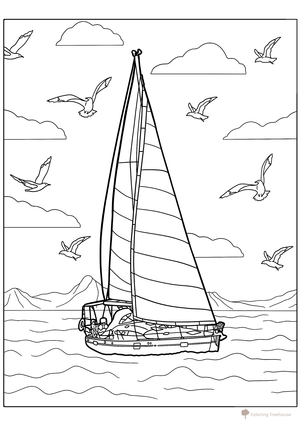 Sailboat and Seagulls Coloring Page free printable Ship Coloring Pages coloring page