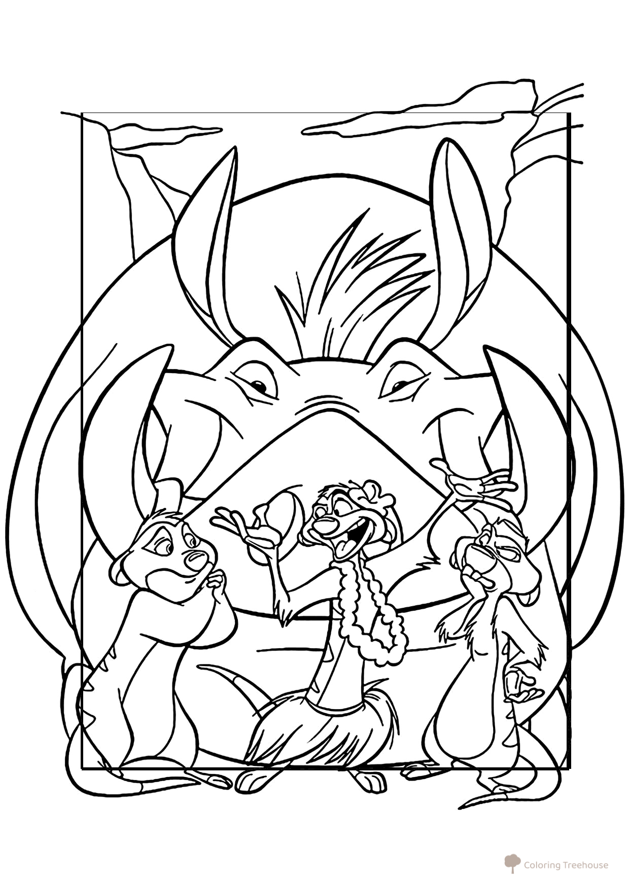 Timon con mamá, tío y Pumba — página para colorear dibujo para colorear gratis de Páginas para colorear de El Rey León