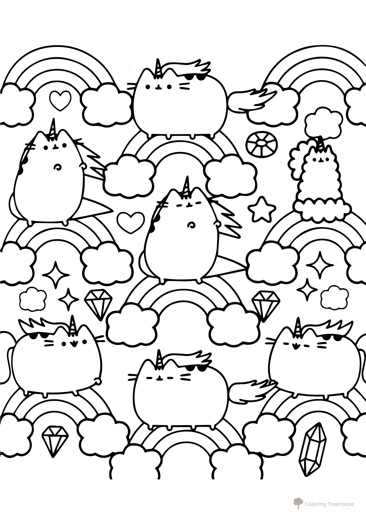 Kot Pushin Unicorns Coloring Page (Art Therapy) free printable Pusheen Coloring Pages coloring page