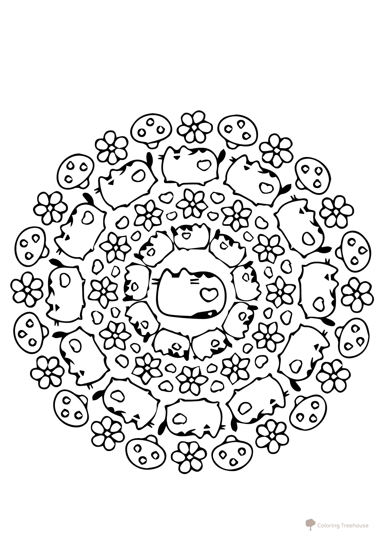 Kot Pushin Cat Coloring Page — Mushrooms, Flowers (Mandala) free printable Pusheen Coloring Pages coloring page
