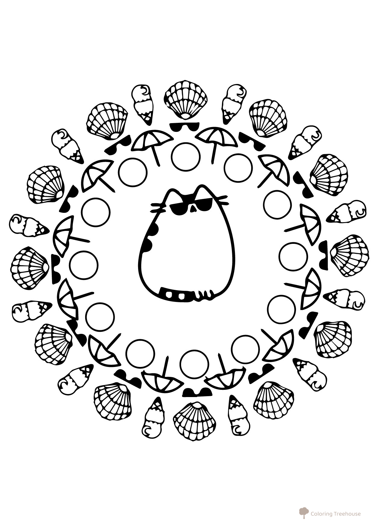 Cat Pushin and Summer (Mandala) Coloring Page free printable Pusheen Coloring Pages coloring page