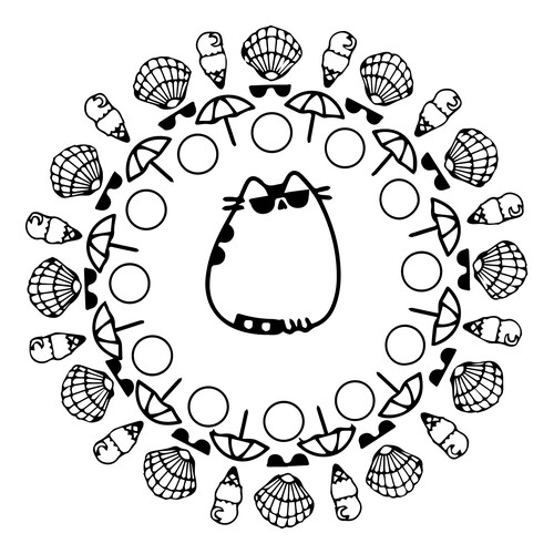 Cat Pushin and Summer (Mandala) Coloring Page free printable Pusheen Coloring Pages coloring page