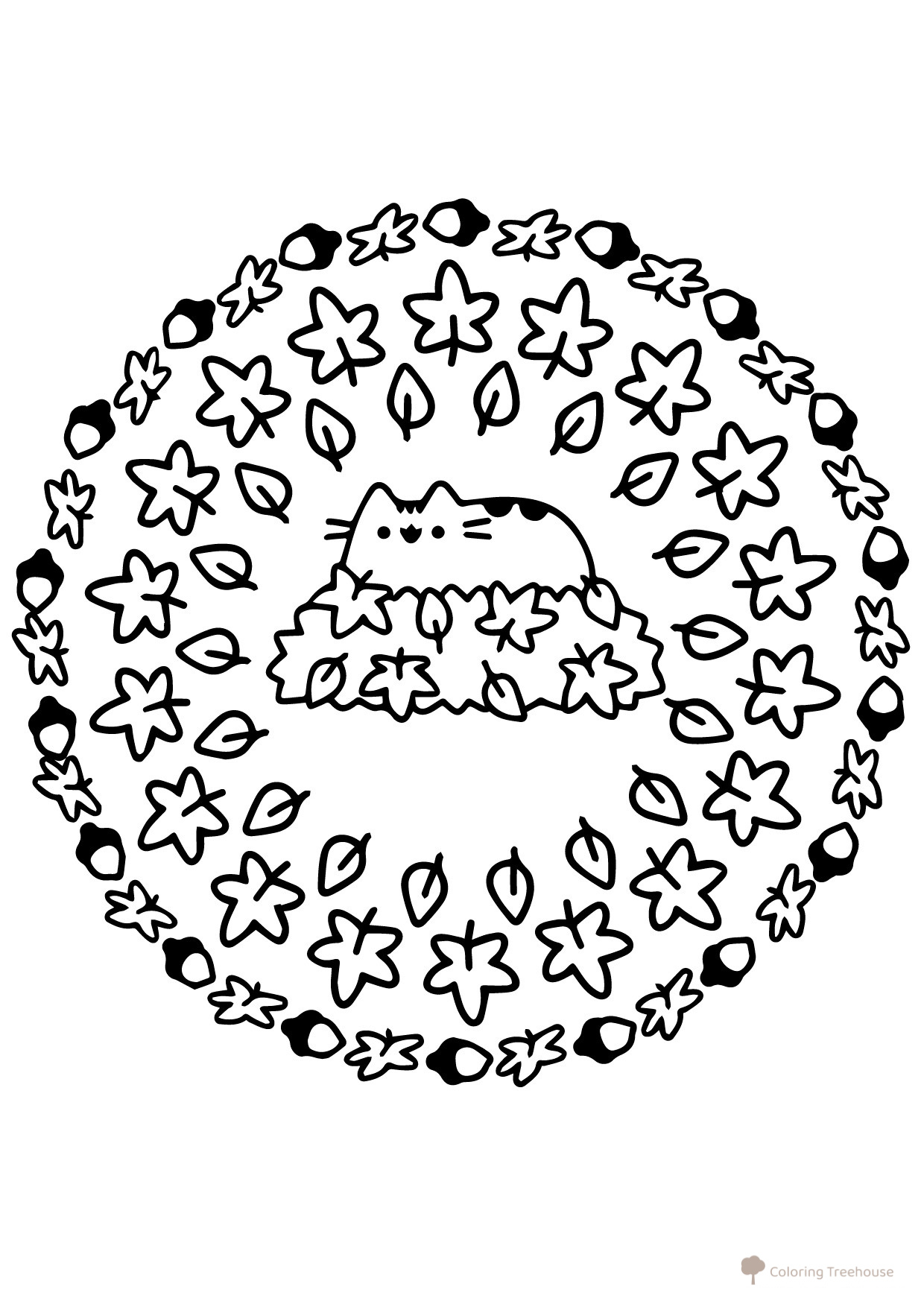 Cat Pushin and Autumn (Mandala) Coloring Page free printable Pusheen Coloring Pages coloring page