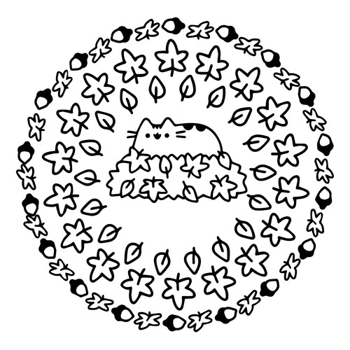 Cat Pushin and Autumn (Mandala) Coloring Page free printable Pusheen Coloring Pages coloring page