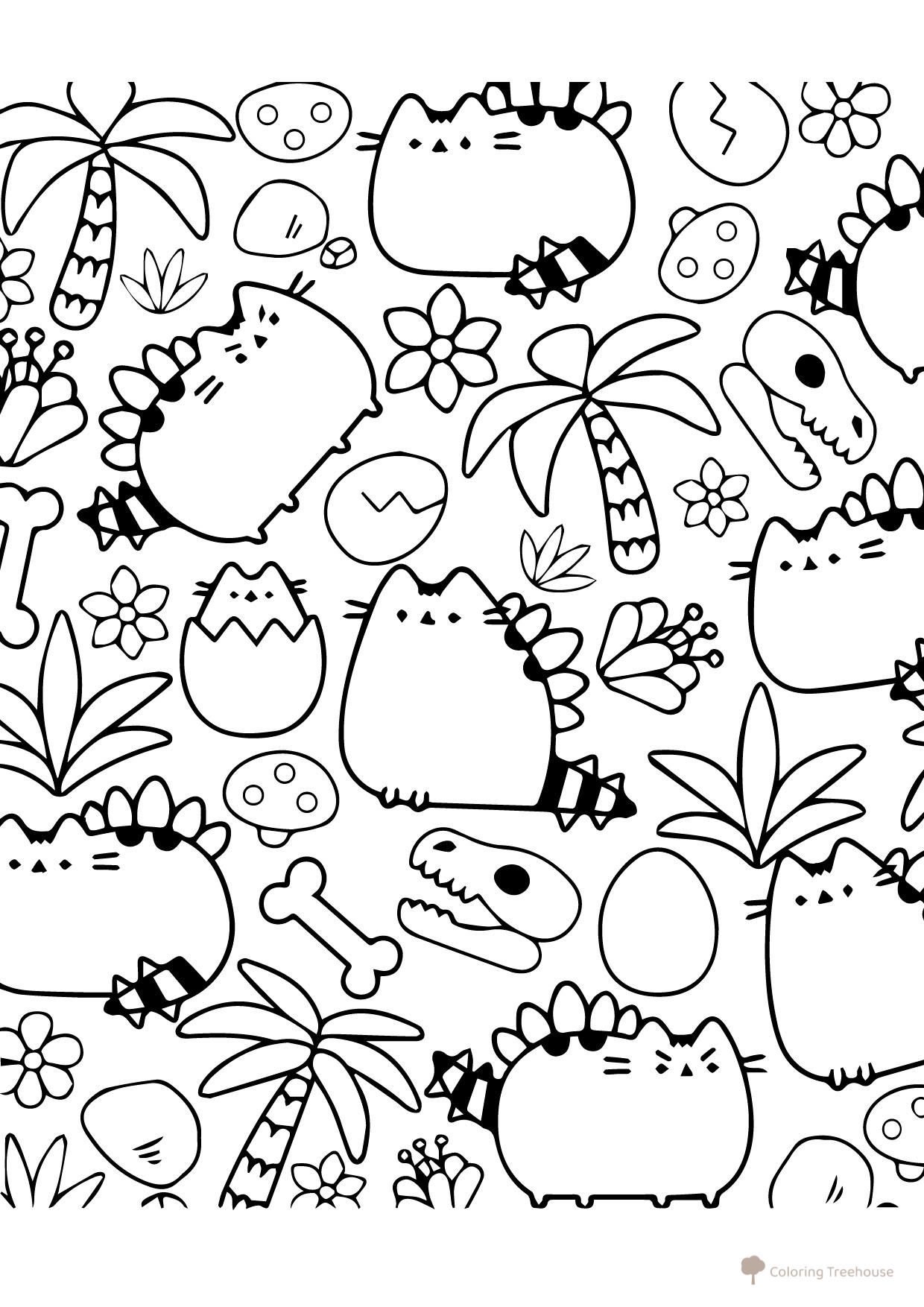 Pushin the Cat and Palm Trees Coloring Page (Art Therapy) free printable Pusheen Coloring Pages coloring page