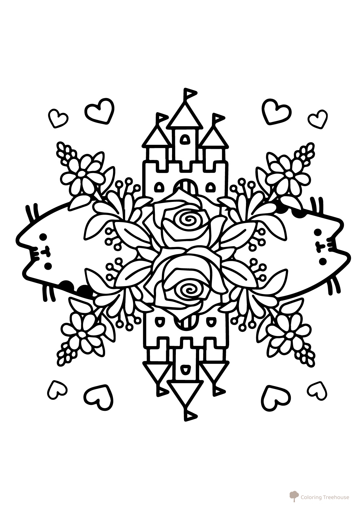 Página para colorear: Gato Pushin — castillos y rosas dibujo para colorear gratis de Pusheen Coloring Pages