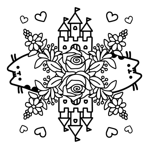Página para colorear: Gato Pushin — castillos y rosas dibujo para colorear gratis de Pusheen Coloring Pages
