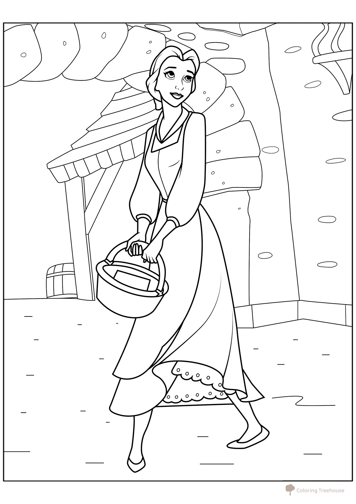 Belle with a Basket Coloring Page free printable Beauty and the Beast Coloring Pages coloring page