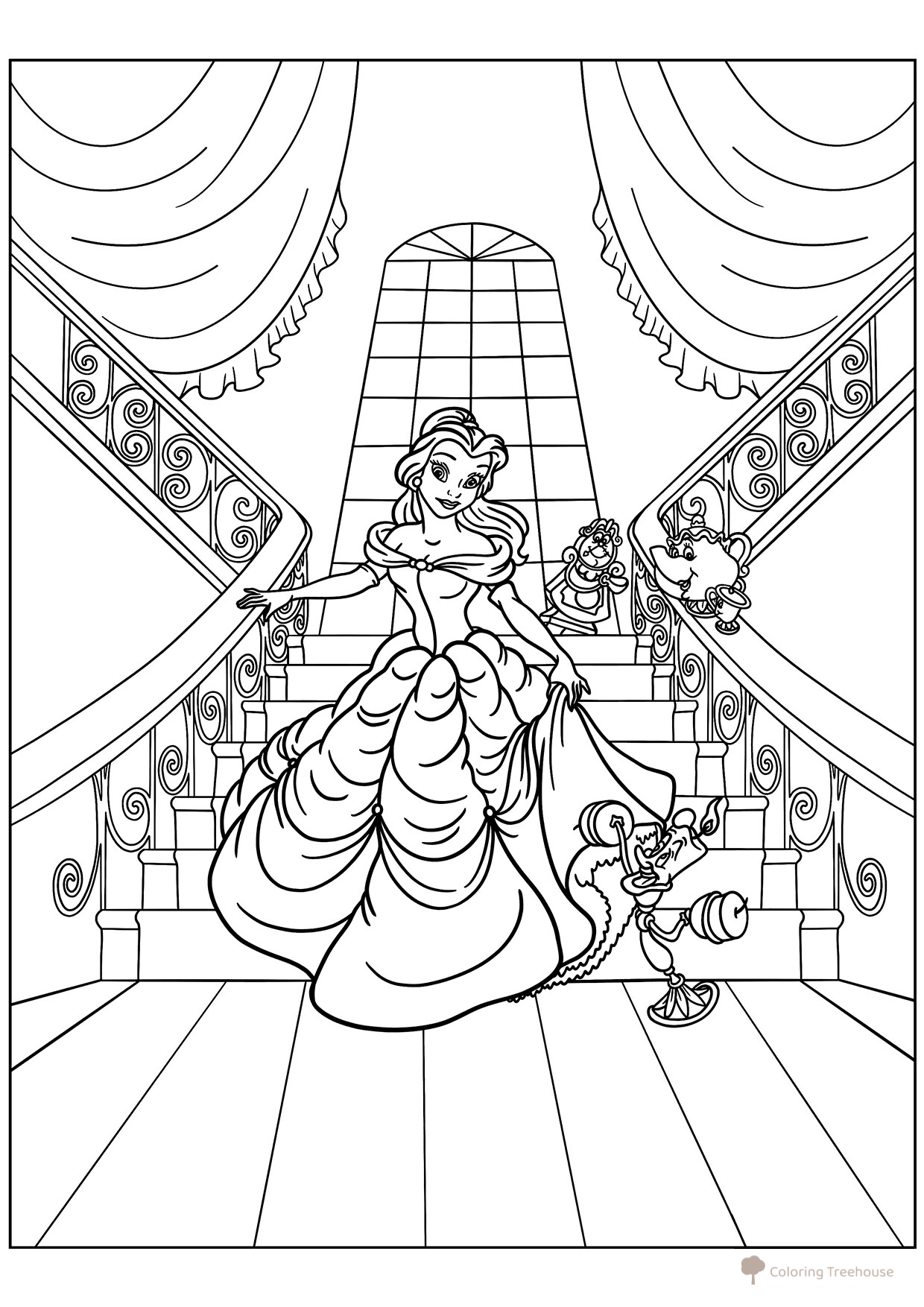 Página para colorear: Bella bajando la escalera dibujo para colorear gratis de Páginas para colorear de La Bella y la Bestia