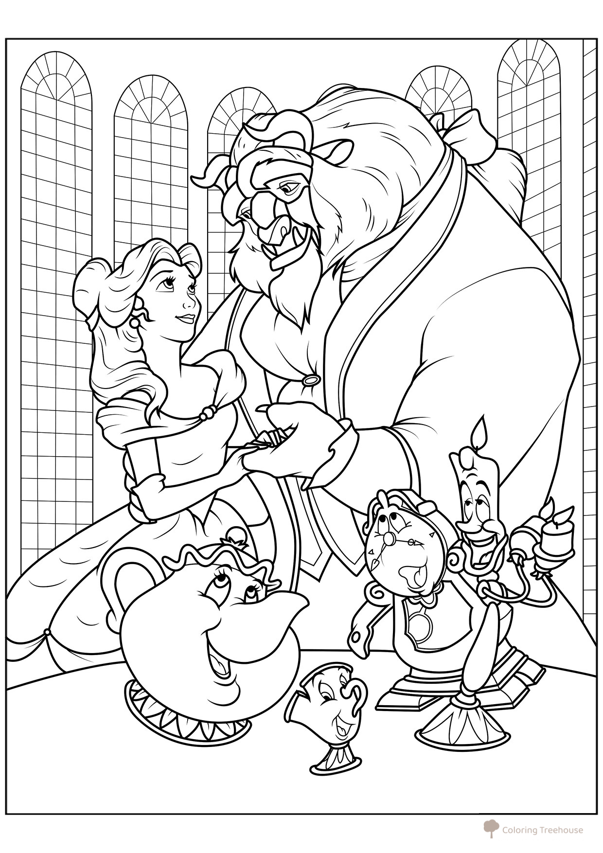 Página para colorear «La Bella y la Bestia» con amigos dibujo para colorear gratis de Páginas para colorear de La Bella y la Bestia