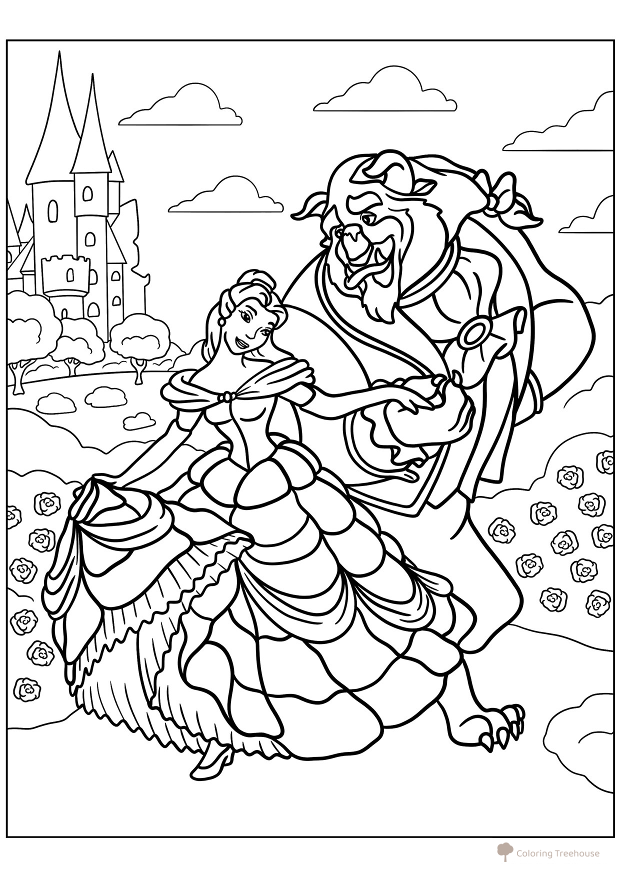 Beauty and the Beast Coloring Page — Dancing in the Garden free printable Beauty and the Beast Coloring Pages coloring page